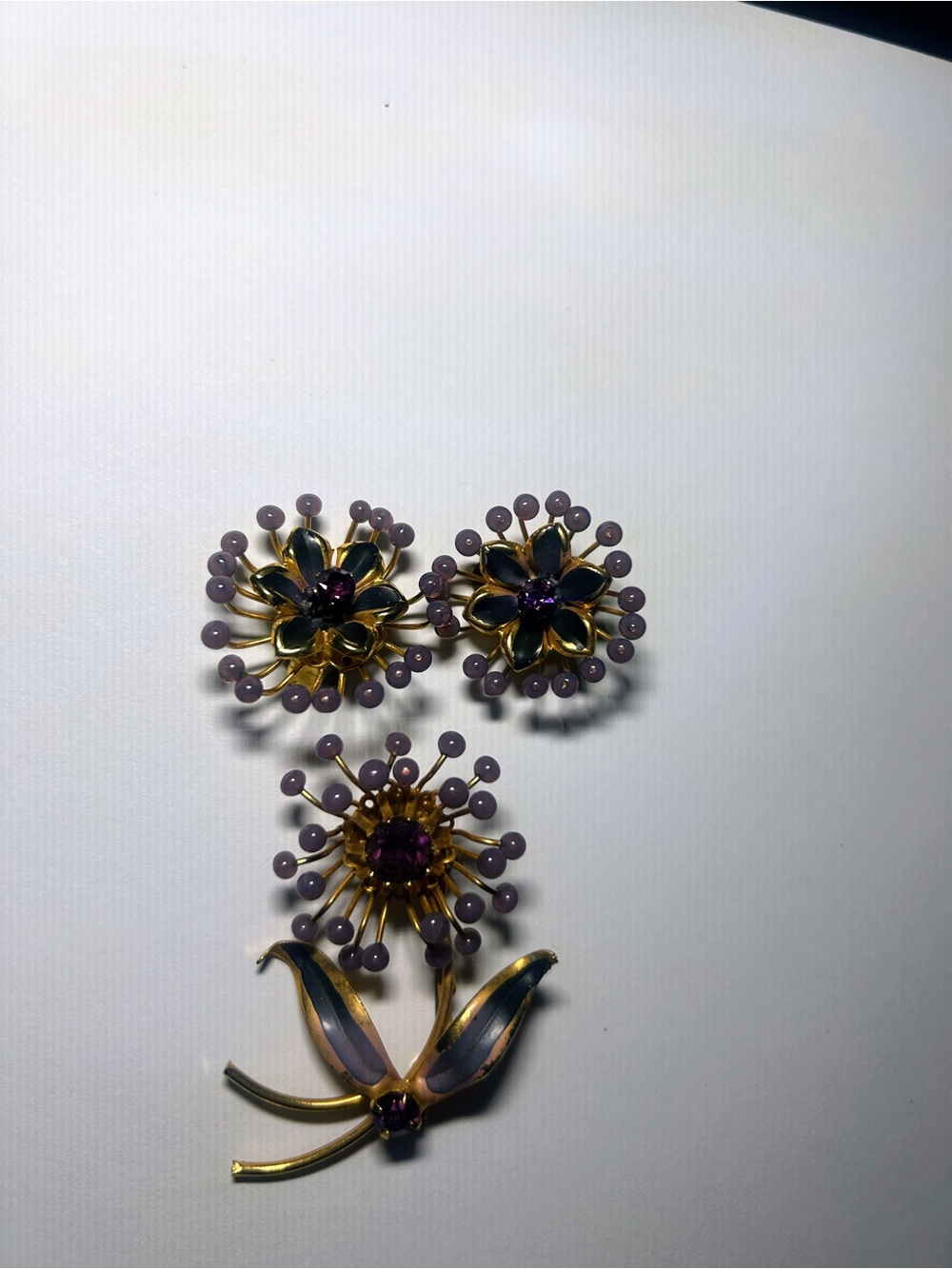 Vintage Enameled Glass Wire Flower Set Earrings and Brooch